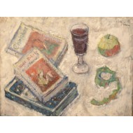 Books, wine glass and apple